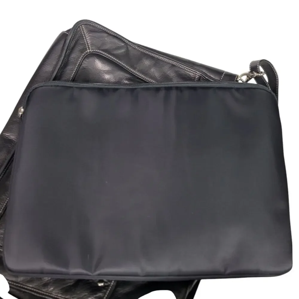 Levenger Leather Laptop Bag Black Padded Sleeve Shoulder Strap Handle Briefcase